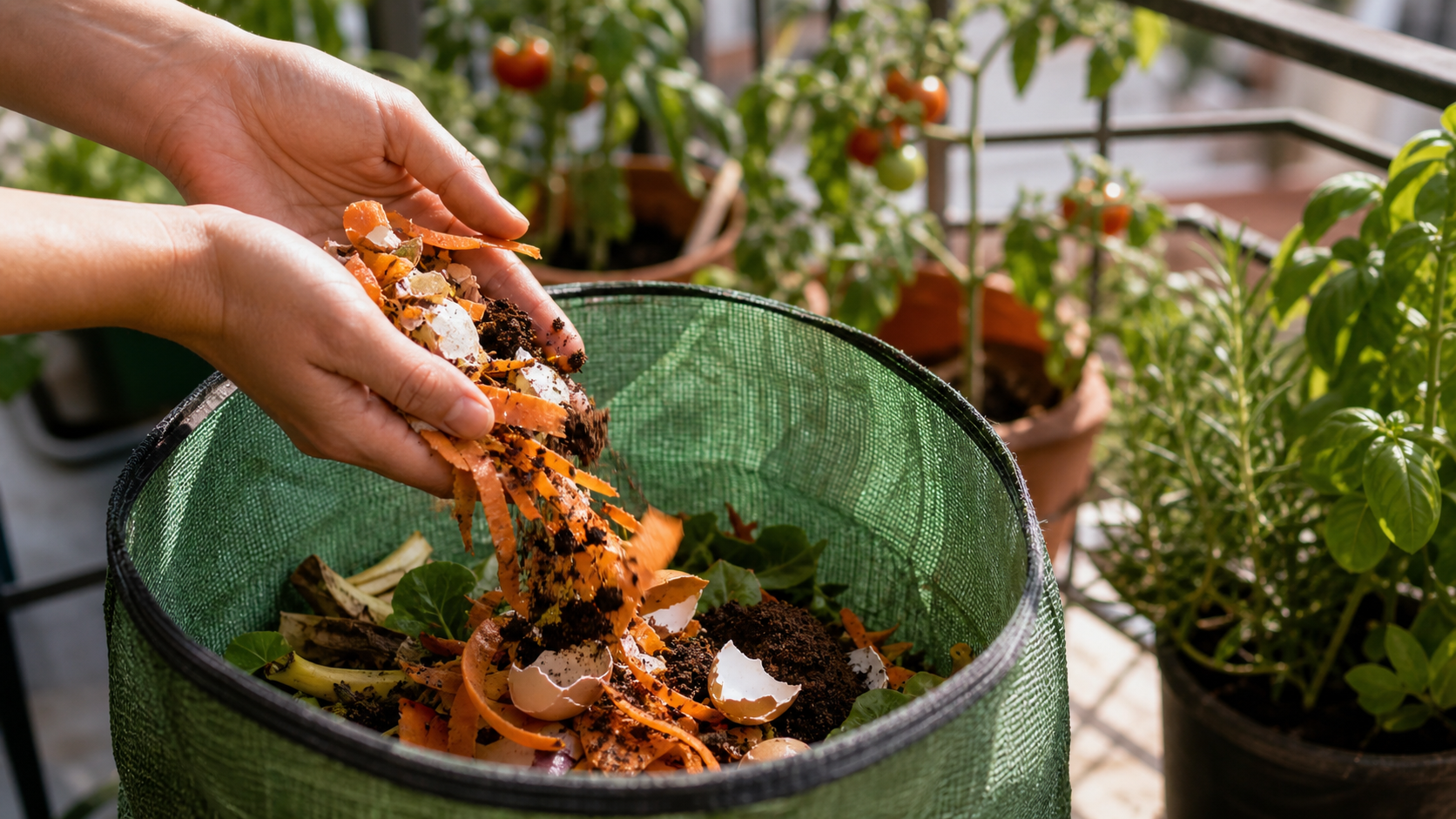 Compostador casero en balcón con restos de frutas y verduras