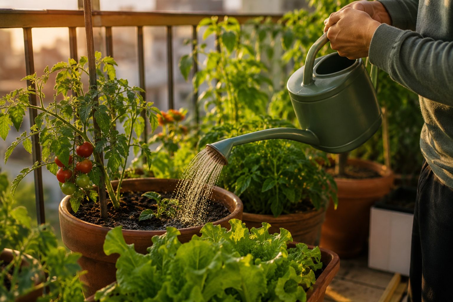Regadera regando plantas en macetas en una terraza