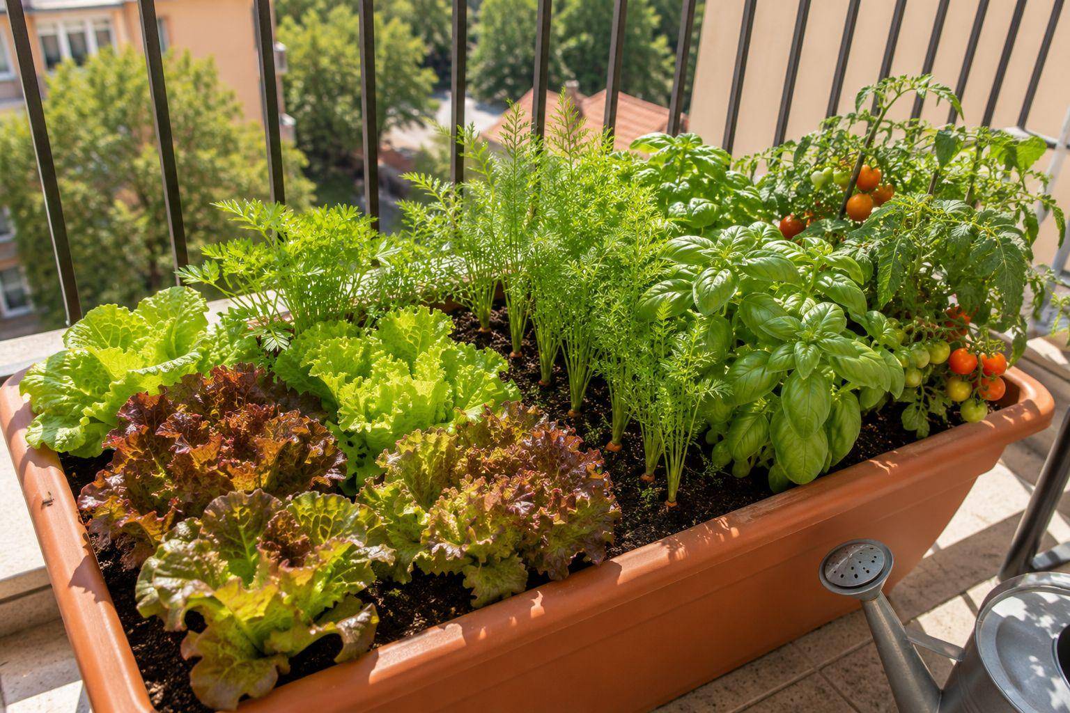 Jardinera con varias plantas de huerto creciendo juntas