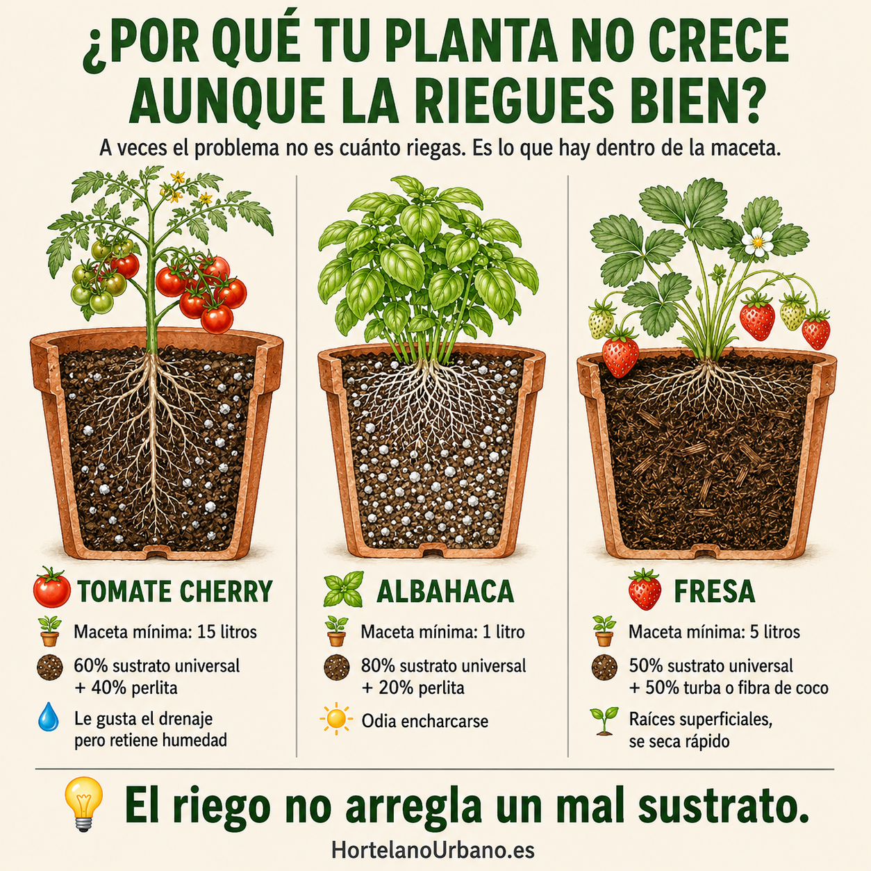 Tres macetas en sección mostrando distintos sustratos